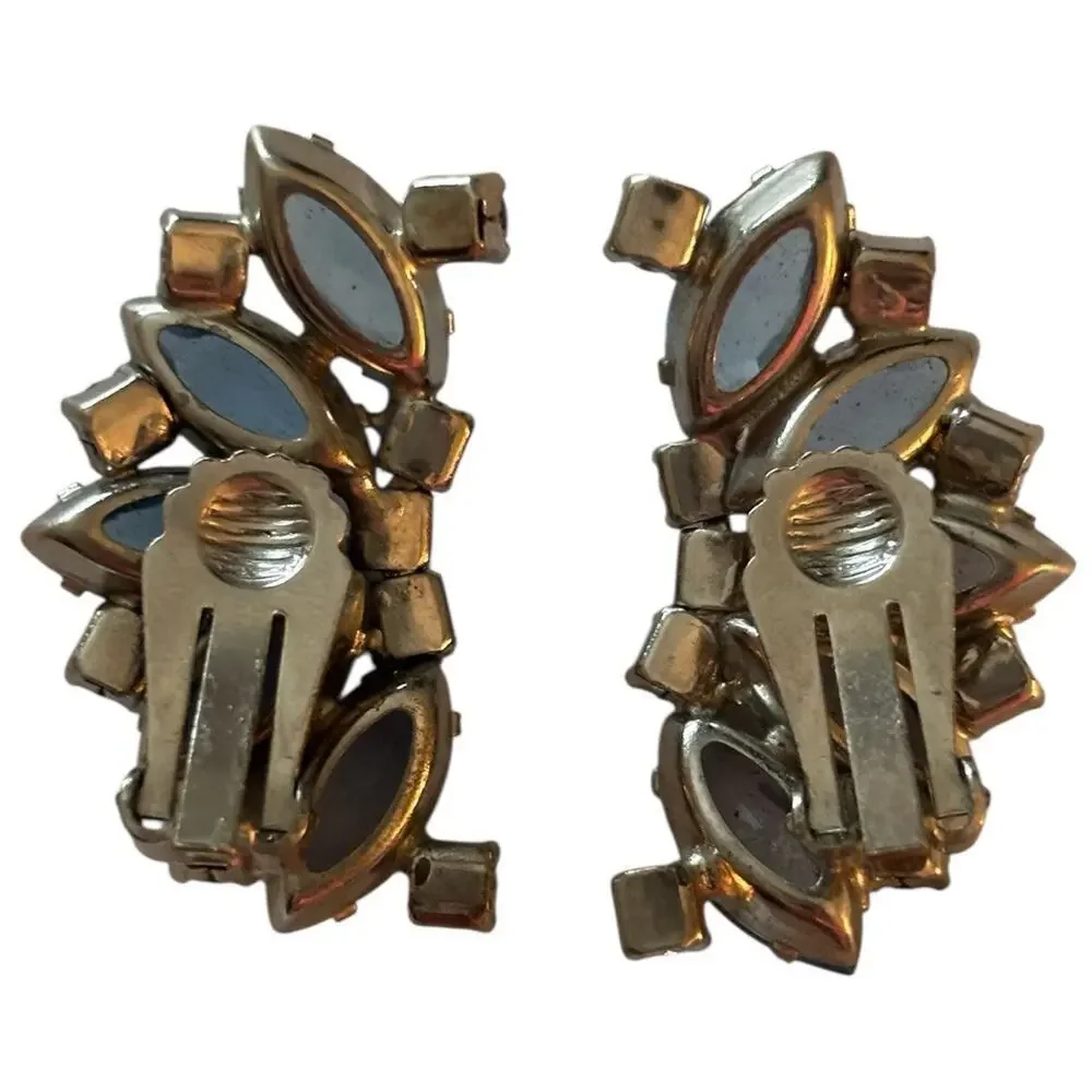 Frosted Light Blue Rhinestone Clip On Earrings High End Show Stopper Climber